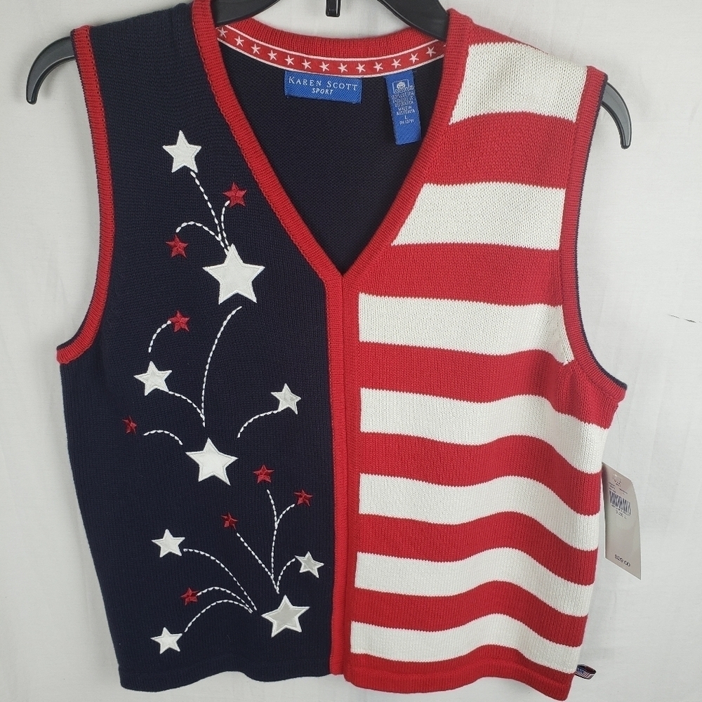 NWT Karen Scott Sport Red White & Blue V-Neck Patriot Cotton Sweater Vest Sz L